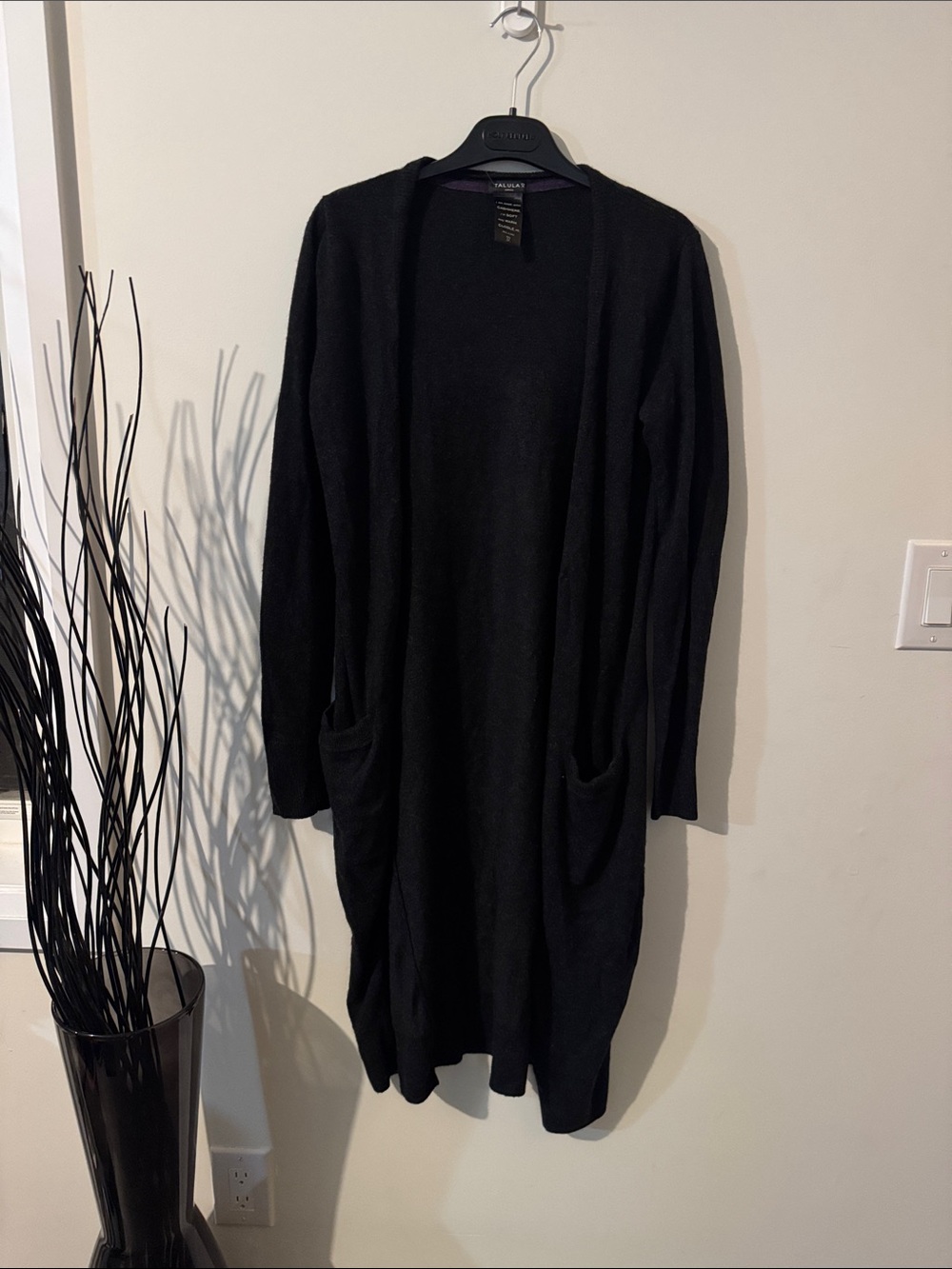 Talula Cashmere Blend Long Open-Front Black Cardigan with Pockets